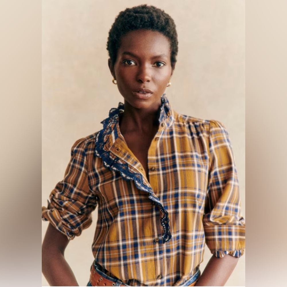 Sézane Chlo Ochre Checks Plaid Ruffle Guipure Lace Blouse Size 4 (36)
